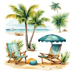 watercolor elements for summer tropical vacation isolated on white, AI Generated