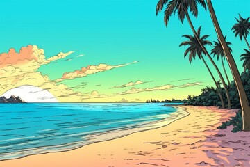 Colorized Drawing of a Tropical Summer Beach