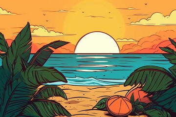 Fototapeta na wymiar Colorized Drawing of a Tropical Summer Beach