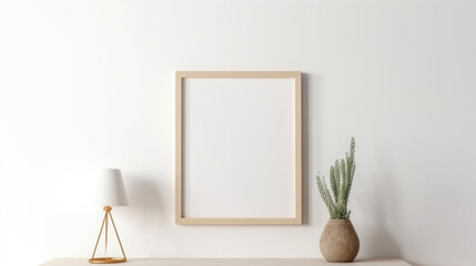 Mockup of a empty blank vertical poster in wooden frame on white wall