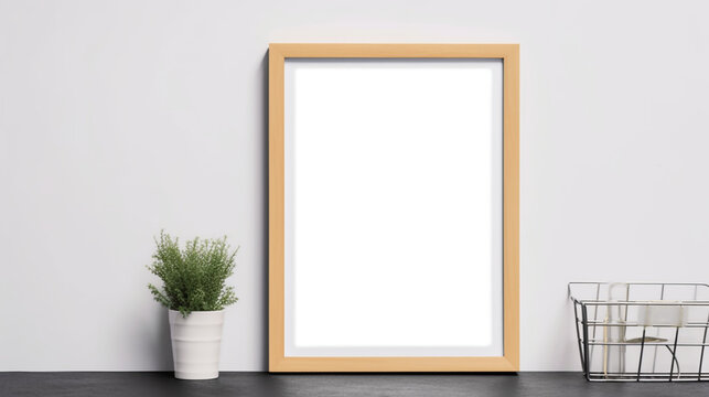 an empty square frame mockup hanging on a white wall in a modern minimalist interior