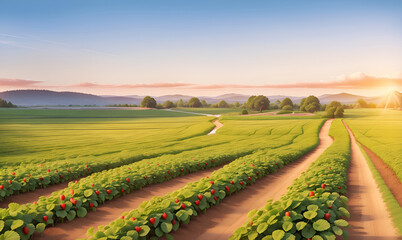 Landscape farm with Strawberry field in the morning, a beautiful summer garden with a strawberry meadow and sunset. Berry Cultivation Farming Illustration. Ripe Strawberries, Fruits Harvest