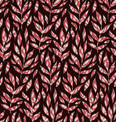 Seamless dark vector pattern with red foliage on a burgundy background. Decorative texture with tracery leaves.