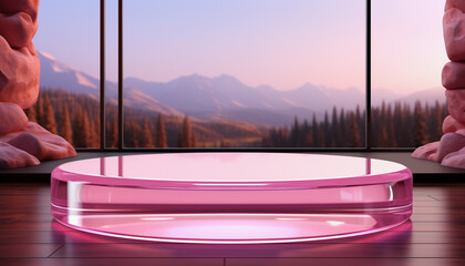 a pink podium in a room with a view of the mountains