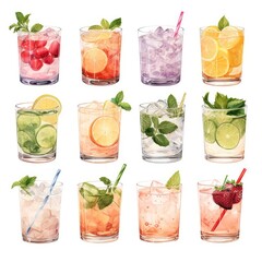 summer refreshing drinks watercolor set isolated on white, AI Generated