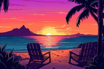 Colorized Drawing of a Tropical Twilight Beachscape