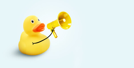 Creative funny yellow duck holding a loudspeaker on a blue background. Yellow press and news,...
