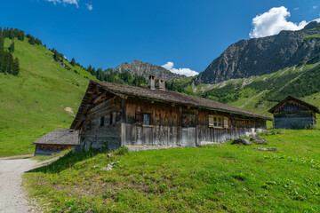 Fototapeta na wymiar Holzhaus auf der Alpe Steris im Grosswalsertal, Vorarlberg, mit steilen Bergwiesen, Wald und Bergen im Hintergrund, Dorf am Abhang auf einer Hochebene in Österreich