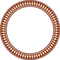 Vector round gold with red Indian national ornament. Ethnic plant circle, border. Frame, flower ring. Poppies and leaves..