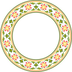 Vector round colorful Indian national ornament. Ethnic plant circle, border. Frame, flower ring. Poppies and leaves..