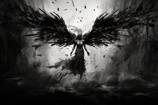 ink art illustration fo dark angel walking in forest with her wing spread wide, Generative Ai