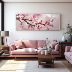 modern living room interior with a big picture of watercolor style sakura, AI Generated