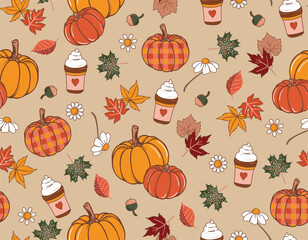 Fall/ Autumn Vibe with 70s groovy hippie retro  Pumpkin seamless pattern. - 628767081