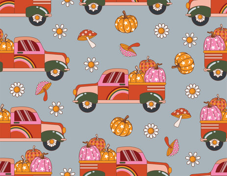 Fall/ Autumn Vibe with 70s groovy hippie retro Car seamless pattern.