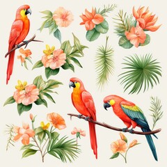 watercolor set of elements with birds and tropical leaves isolated on white, AI Generated