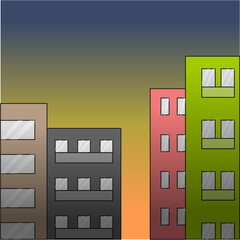 vector design of a city view at sunset and a view of a tall building