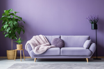 Enchanting lilac Velvet Sofa Against an Elegant plum Wall: A Masterpiece of Luxurious Living Room Decor
