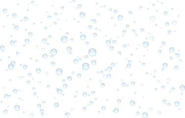 Fototapeta na wymiar Transparent sparkling water with bubbles floated underwater on white background. Isolated soda liquid drink with sudsy air circles.