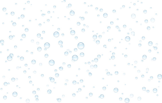 Transparent sparkling water with bubbles floated underwater on white background. Isolated soda liquid drink with sudsy air circles.