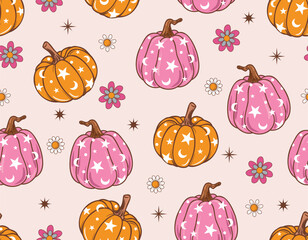 Fall/ Autumn Vibe with 70s groovy hippie retro  Pumpkin seamless pattern. - 628767808