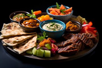 Fototapeta na wymiar Mezze Platter: Middle Eastern-inspired platter featuring hummus, falafel, stuffed grape leaves, tabbouleh, and pita bread or Arabic breakfast 