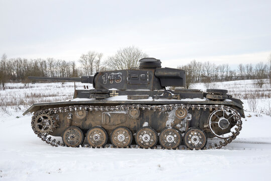 KRASNOE SELO, RUSSIA - FEBRUARY 05, 2023: German medium tank (Pz.Kpfw. III) of World War II. Side view. Krasnoe Selo