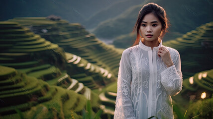 asian woman wearing white ao dai Vietnam culture traditional in Rice terrace at Mu cang chai, Vietnam at sunrise.generative ai