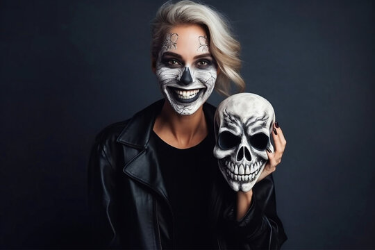 Halloween. Young beautiful girl on a dark background with a face painted for the holiday. Festive makeup for all saints day or halloween.