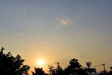 beautiful blue sky and cloud with golden ray sunrise and big tree in the morning, natural background