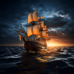 Obraz premium A magnificent sailboat, yacht floating on a beautiful sea, Generative AI
