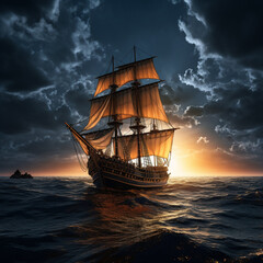 Obraz premium A magnificent sailboat, yacht floating on a beautiful sea, Generative AI