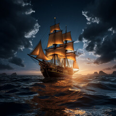 Obraz premium A magnificent sailboat, yacht floating on a beautiful sea, Generative AI