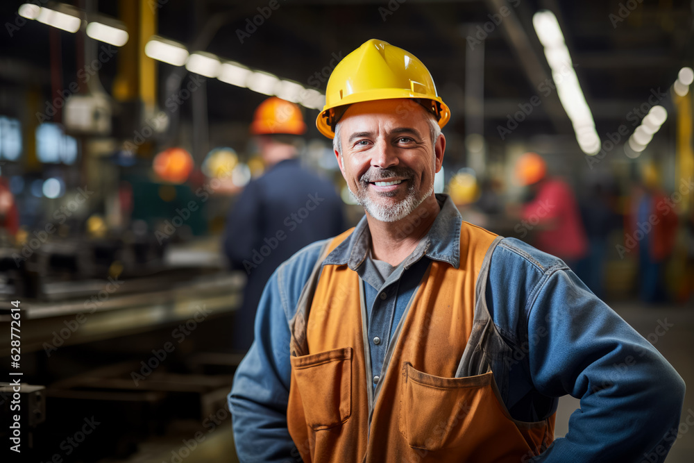 Poster worker in a helmet against the background of a blurred workshop of his own enterprise