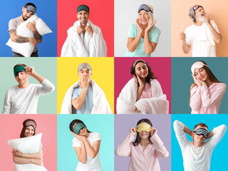 Set of people in pajamas and with sleep masks on color background