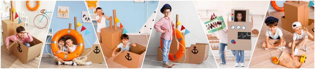 Collage of little boys playing with cardboard toys at home