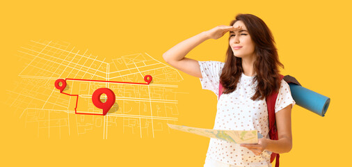 Female tourist and drawn city map with location pointers on yellow background