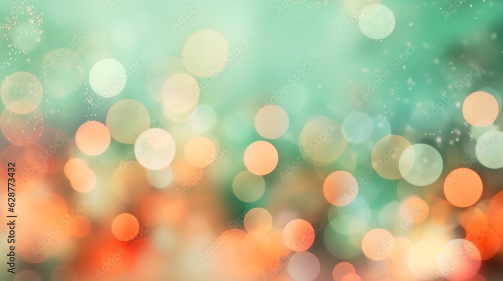 Poster generative ai : blurred bokeh light on mint green and coral background. christmas and new year holid