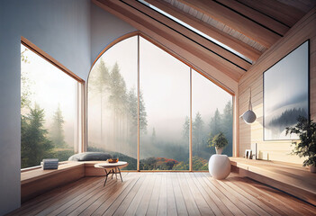 empty interior without furniture with a huge panoramic window and a forest in the fog outside the window