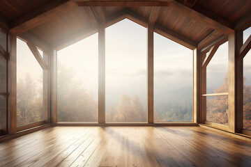 empty interior without furniture with a huge panoramic window and a forest in the fog outside the window