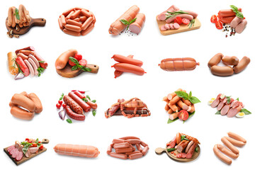 Collection of delicious sausages on white background