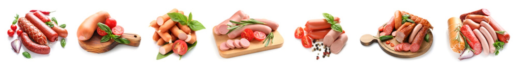 Set of delicious sausages on white background