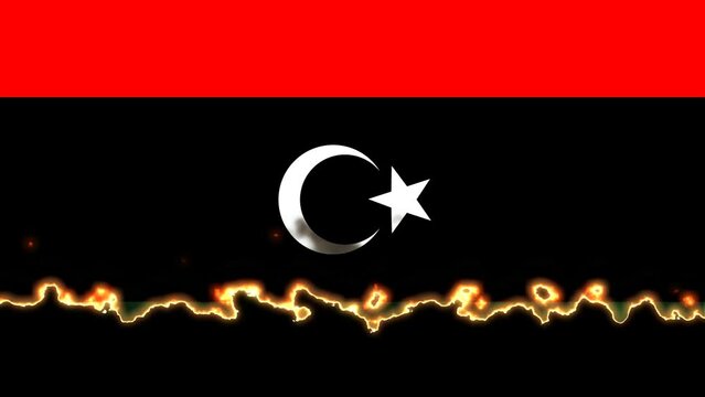 リビアの国旗が燃えていきます。背景はアルファチャンネル(透明)です。
