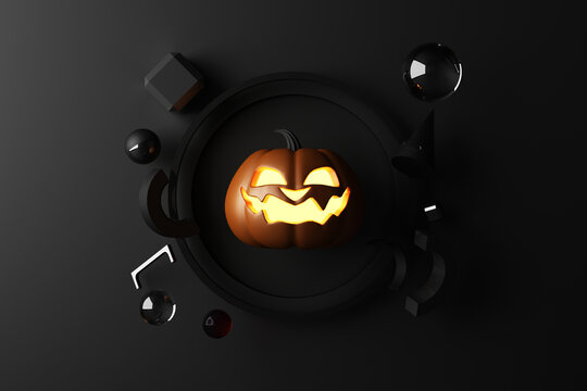 happy halloween promotional banner for party invitation background with halloween pumpkins glowing in the dark ready to place the product Geometric shape on a dark black background. 3d rendering