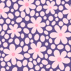 Cute floral seamless pattern with hand drawn pink flowers and dots on violet background. Girlish pastel allover print