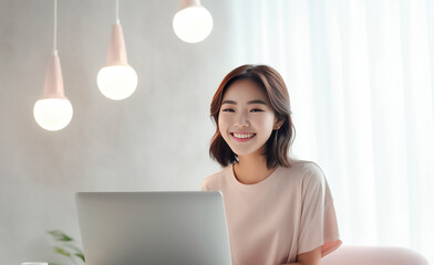 A Smiling Asian Woman working with her laptop in front of light cream background. generative AI.