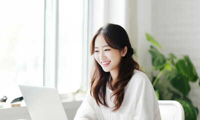 A Smiling Asian Woman working with her laptop in front of light cream background. generative AI.
