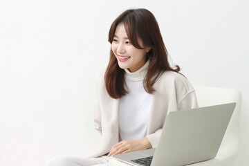 A Smiling Asian Woman working with her laptop in front of light cream background. generative AI.