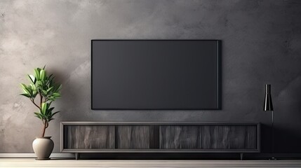 Dark large rustic grunge empty wall living room with blank television TV cabinet frame furniture deco.