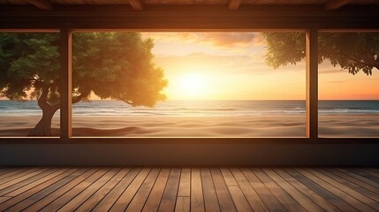 Wide large window oak wooden room gallery opening to beach sunset landscape. Template for product presentation.