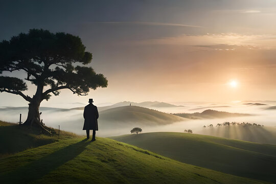 A miry tree and a gentleman  stand alone on a foggy hill. empty background, photorealistic